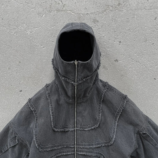 Shadow-Arc Oversized Denim Hooded Jacket