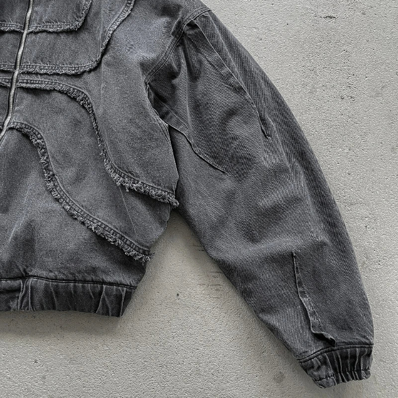 Shadow-Arc Oversized Denim Hooded Jacket