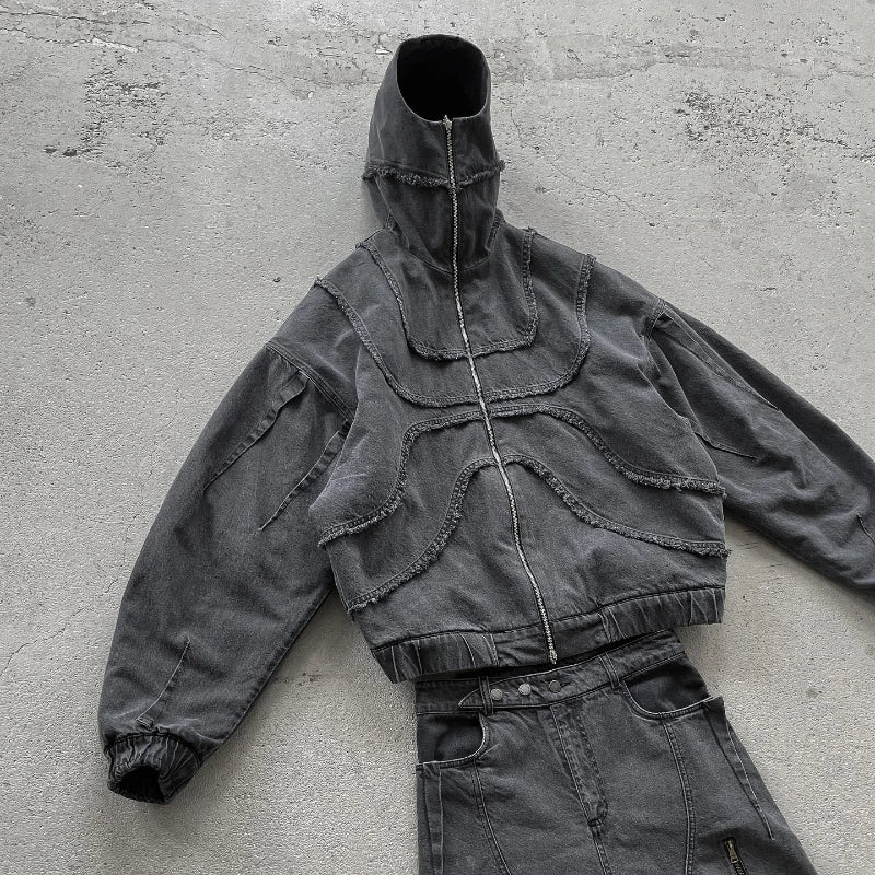 Shadow-Arc Oversized Denim Hooded Jacket