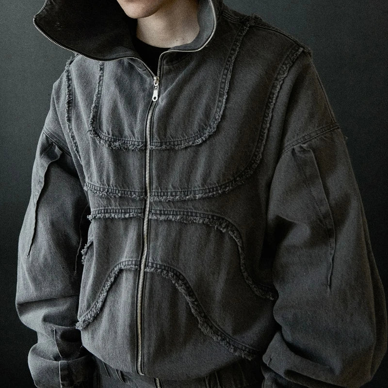 Shadow-Arc Oversized Denim Hooded Jacket