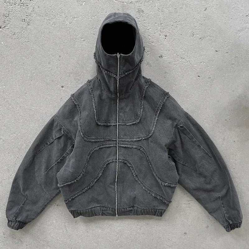 Shadow-Arc Oversized Denim Hooded Jacket