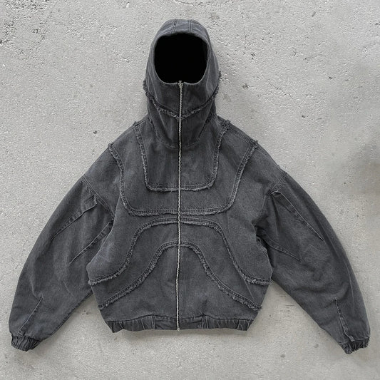Shadow-Arc Oversized Denim Hooded Jacket